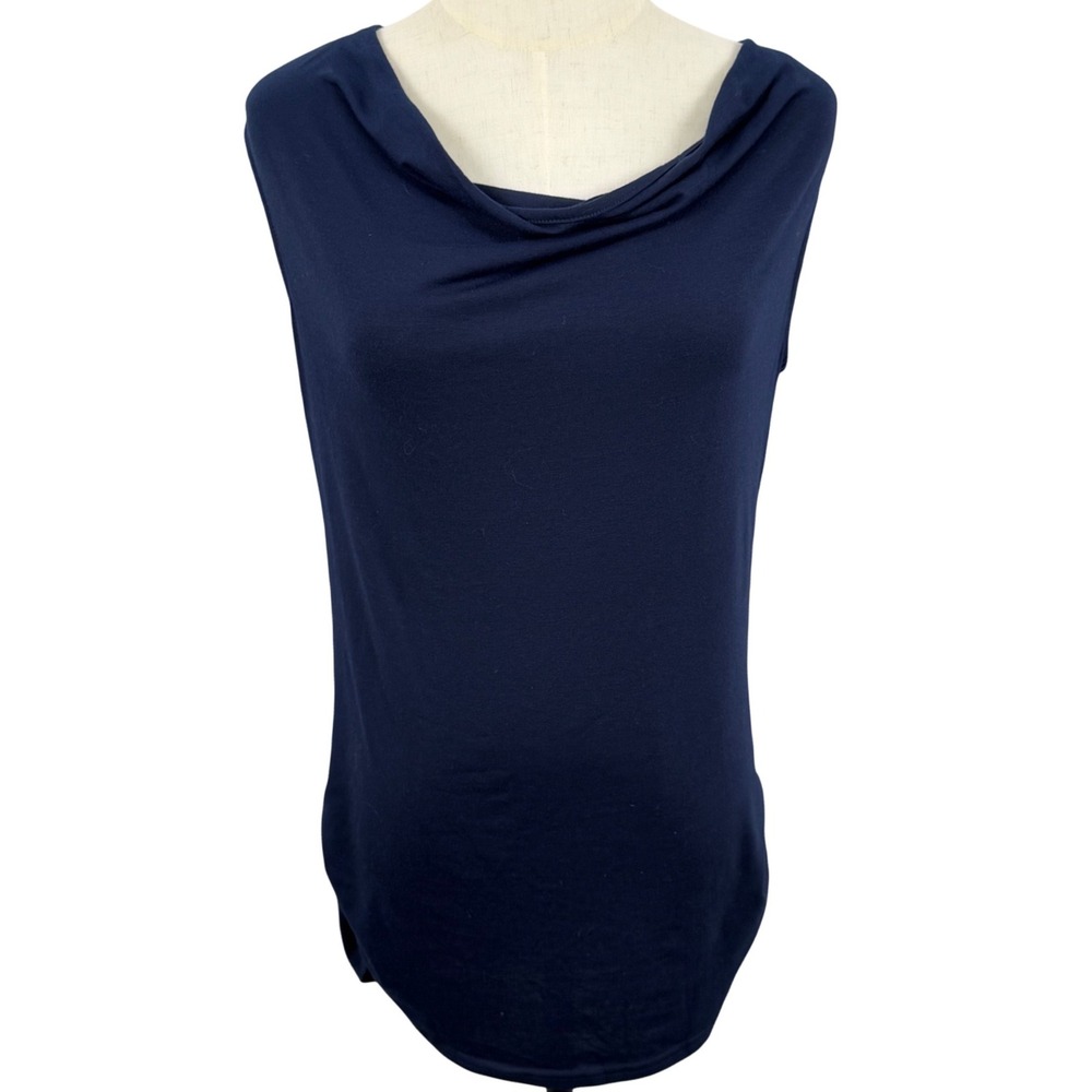 Sheer Floral Lace Sleeveless Top S Navy Blue Cowl Neck Dark Academia Coquette